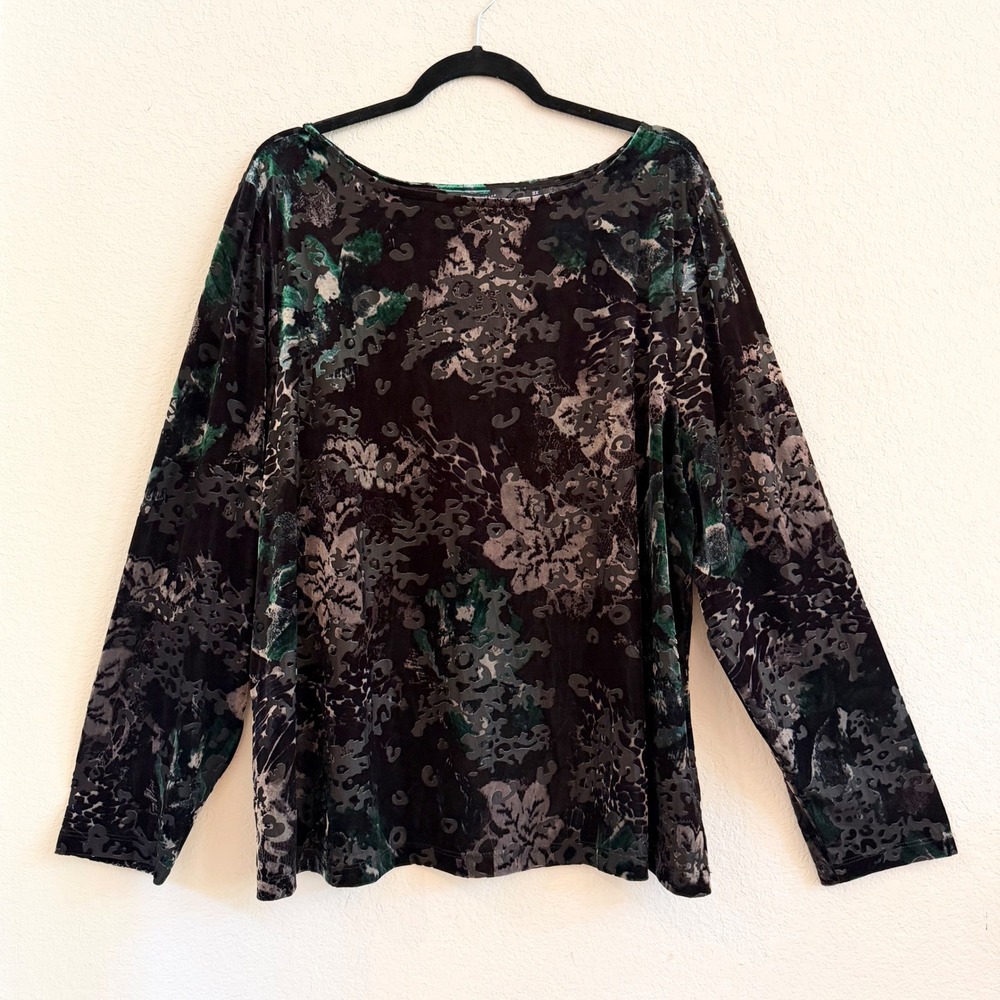 Investments II Velvet Burnout Blouse Size 3X Floral Long‎ Sleeve Top Whimsigoth